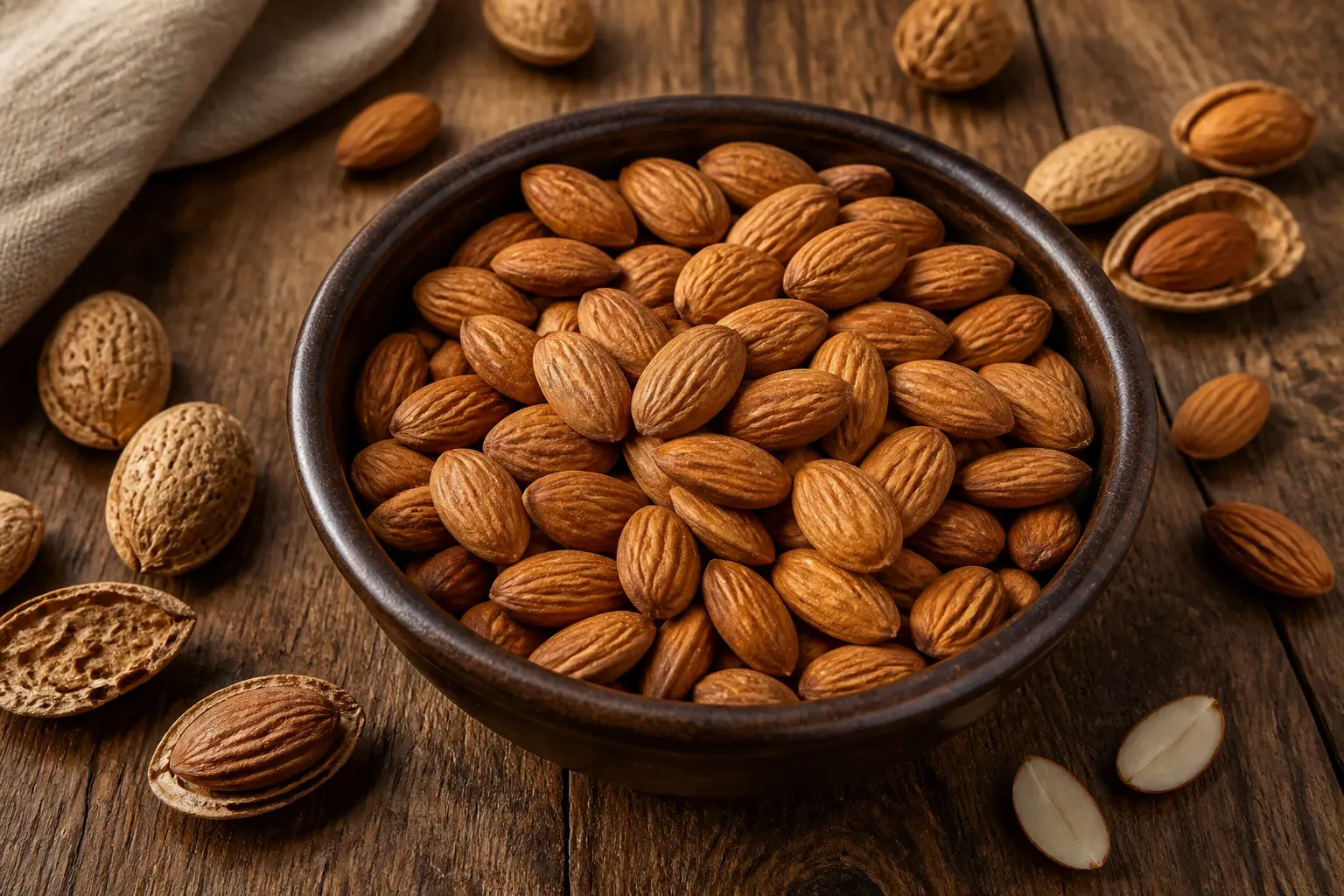 Bol d’amandes de Sicile avec coques sur une table en bois