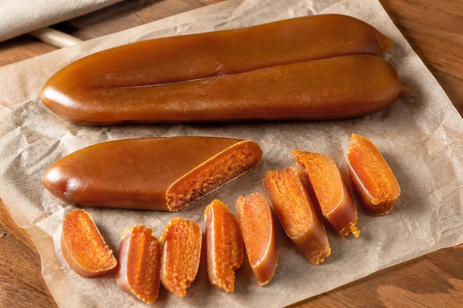 Bottarga ambrée entière et tranchée avec texture granuleuse visible