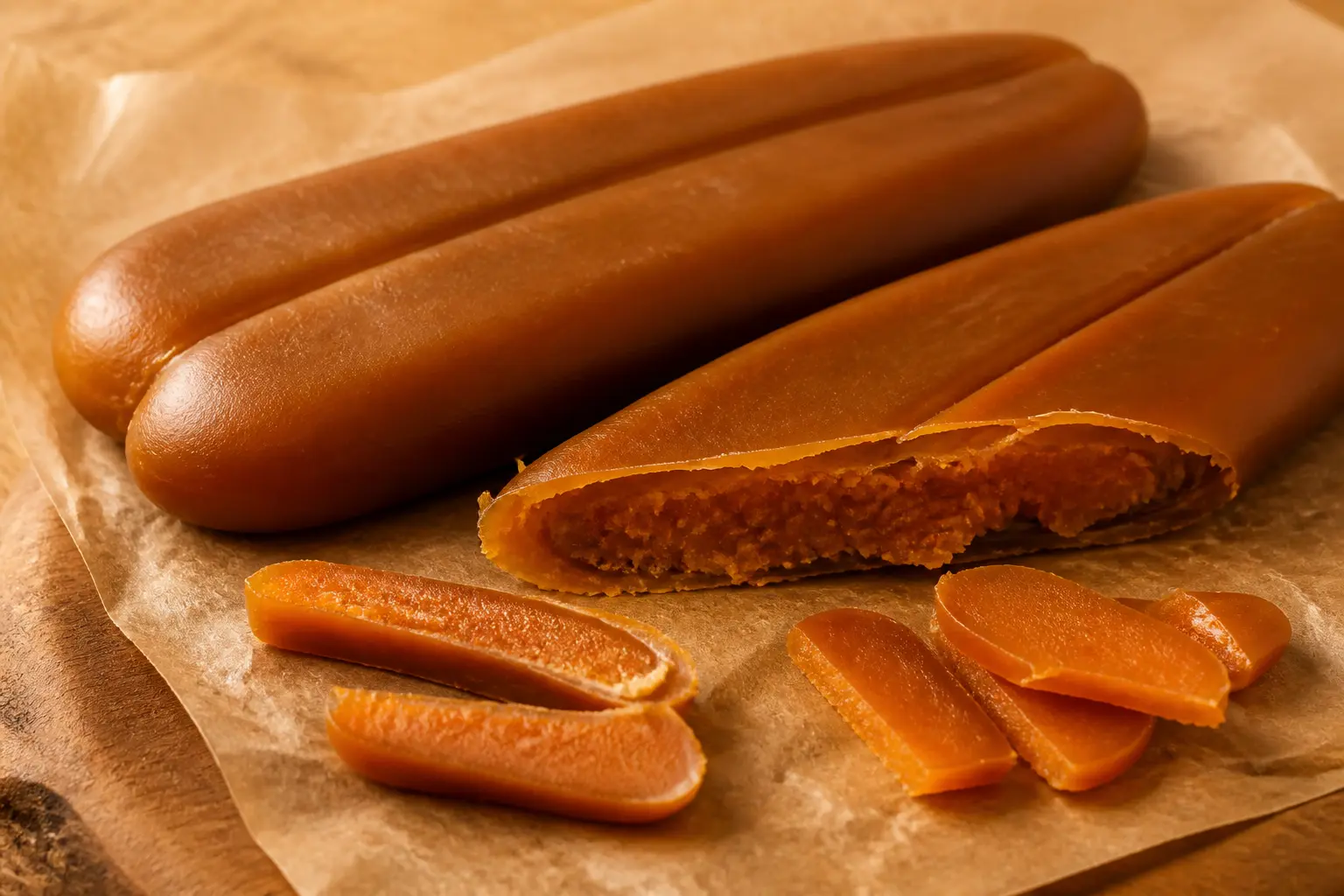 Bottarga entière coupée avec lamelles épaisses sur papier cuisson