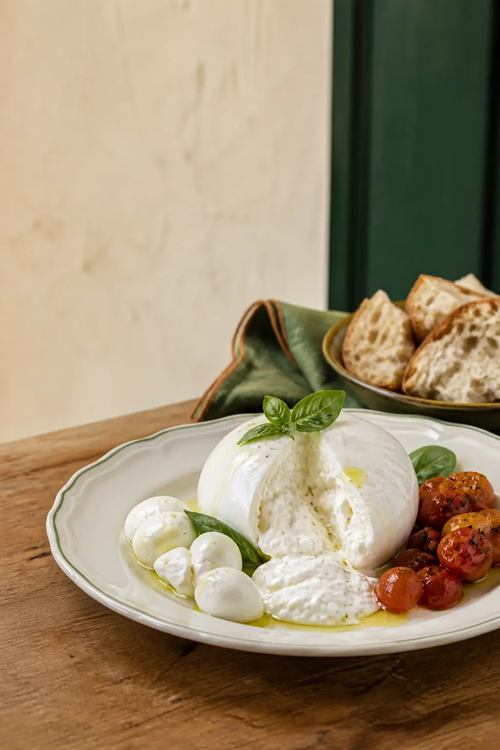 Burrata abierta, mozzarella y stracciatella sobre una mesa italiana