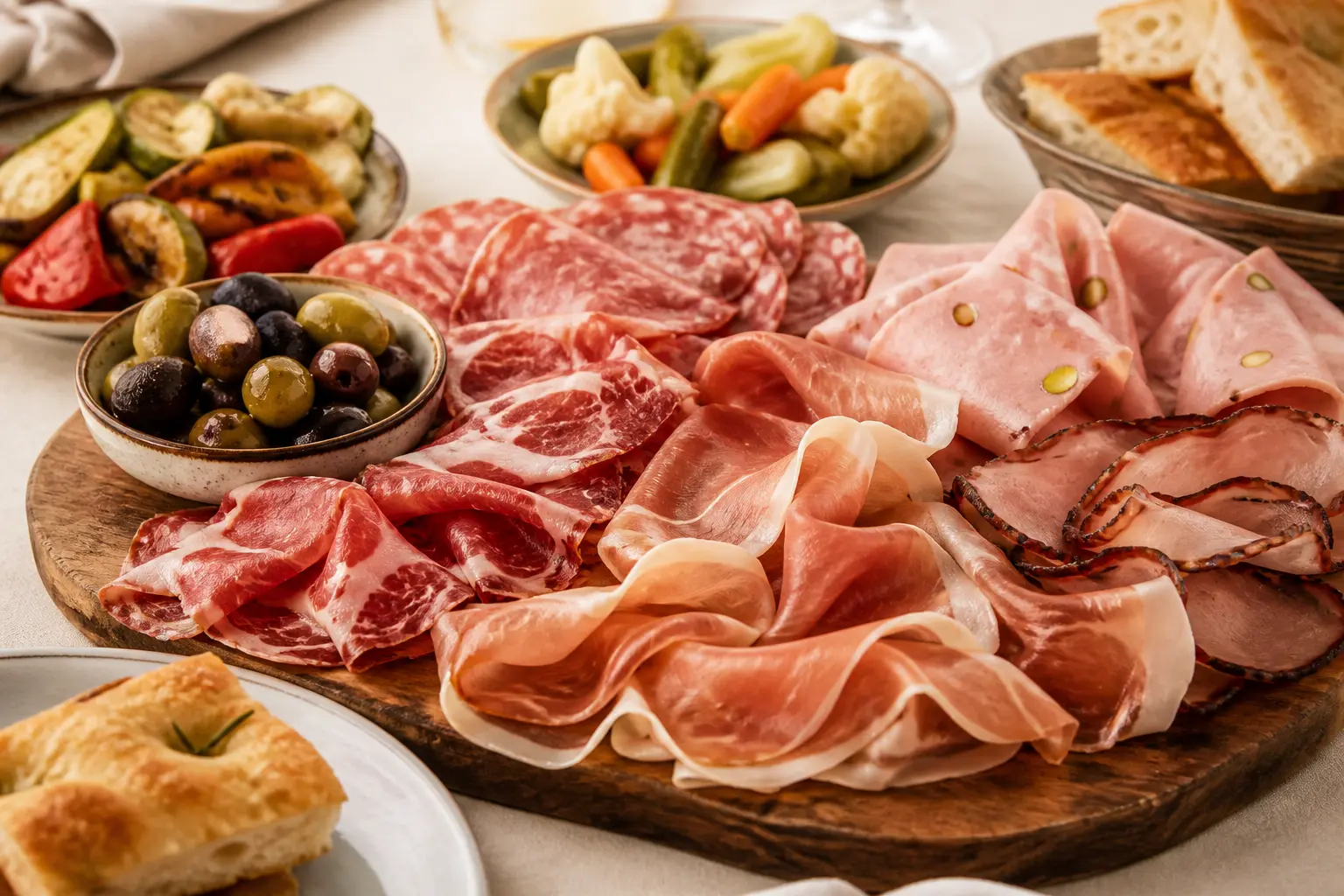 Planche de salumi italiens avec coppa, speck, mortadelle, prosciutto, salame, focaccia et olives