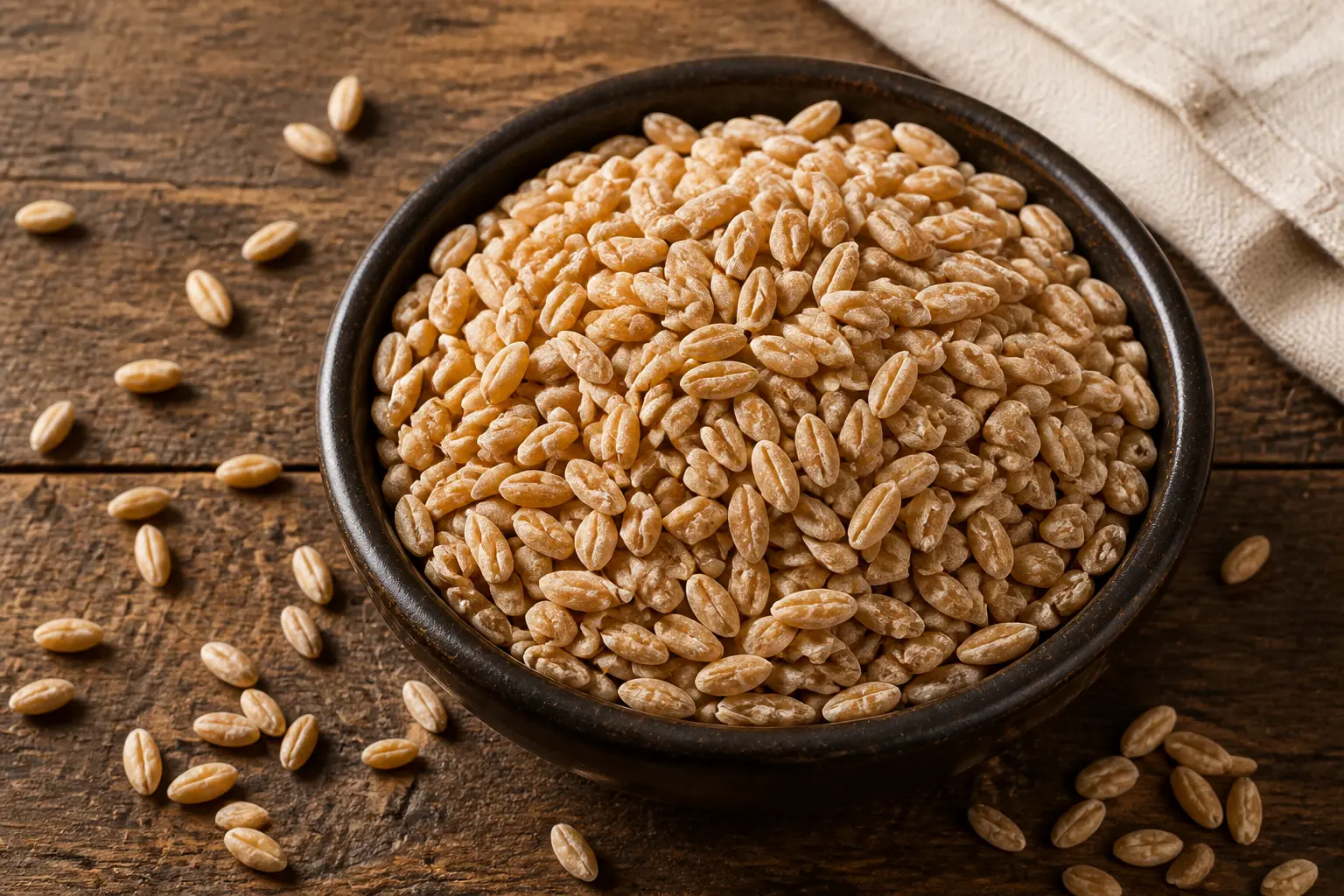 Bol de grains de farro crus sur une table en bois