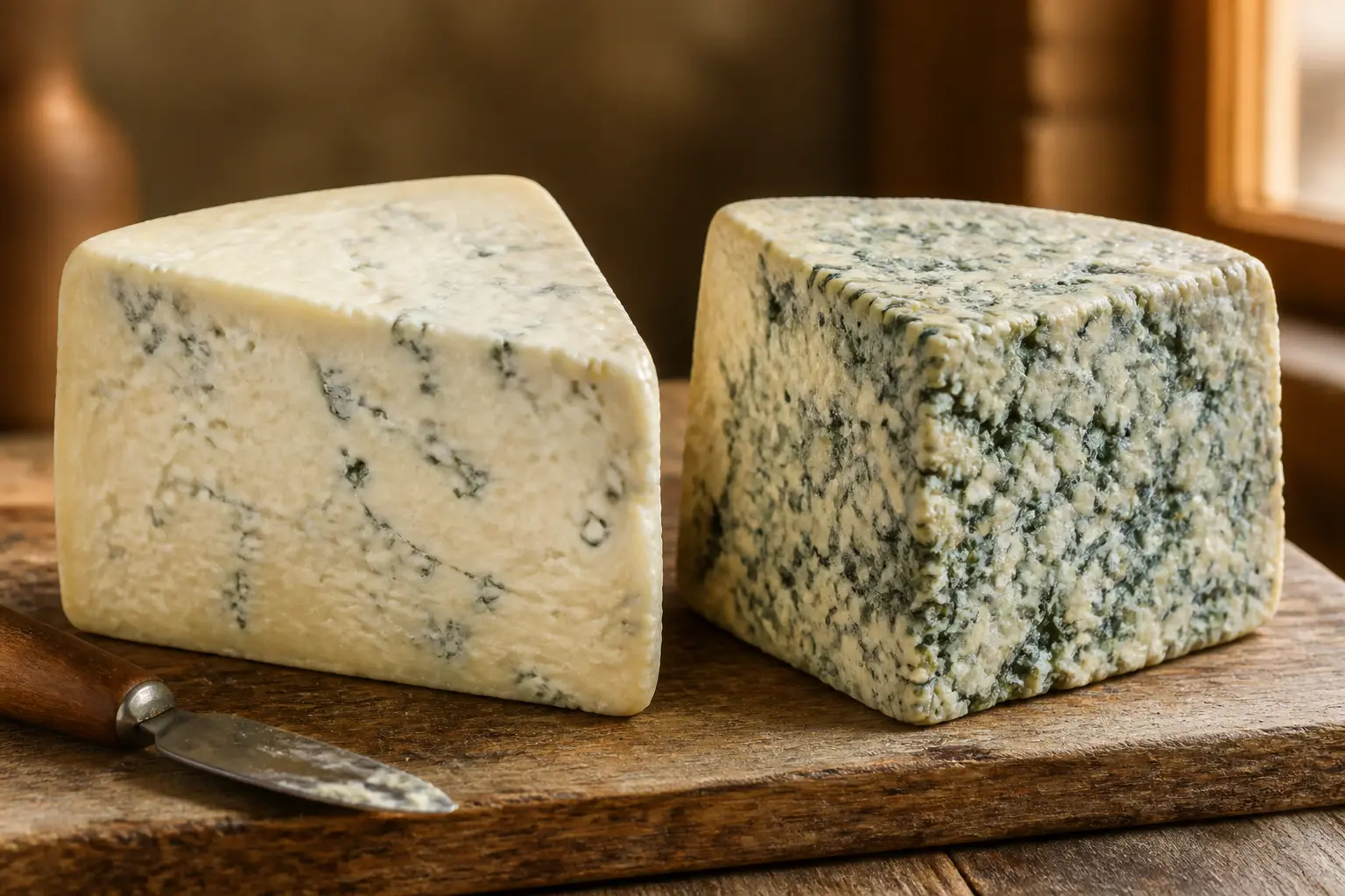 Deux morceaux de gorgonzola Dolce et Piccante avec veinage bleu sur une planche en bois