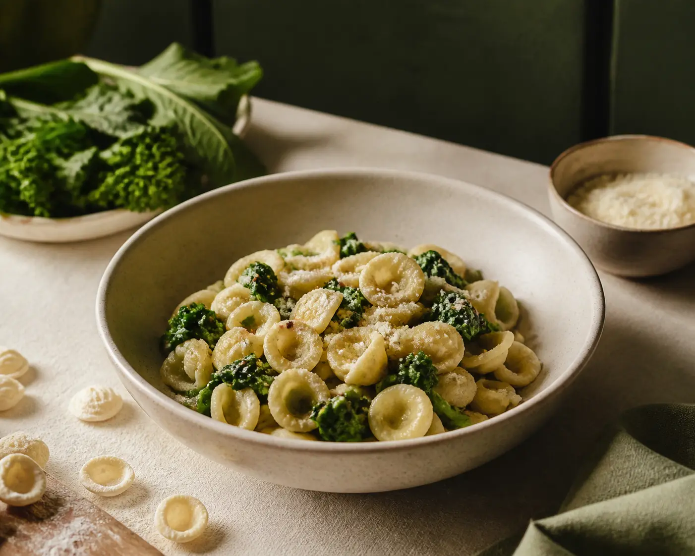 Assiette d’orecchiette aux légumes verts dans une ambiance Casa Fratellino