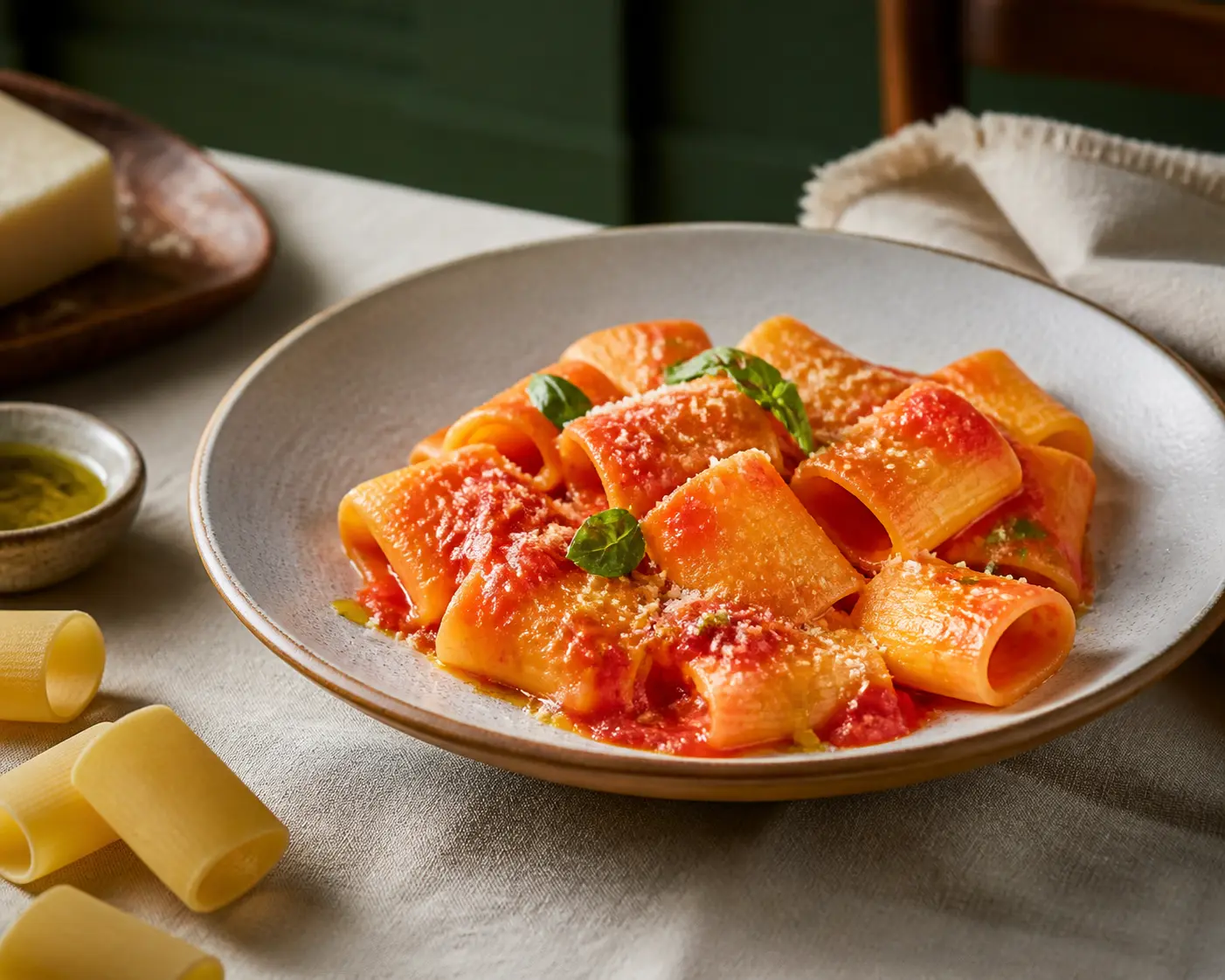Assiette de paccheri à la tomate dans une ambiance Casa Fratellino
