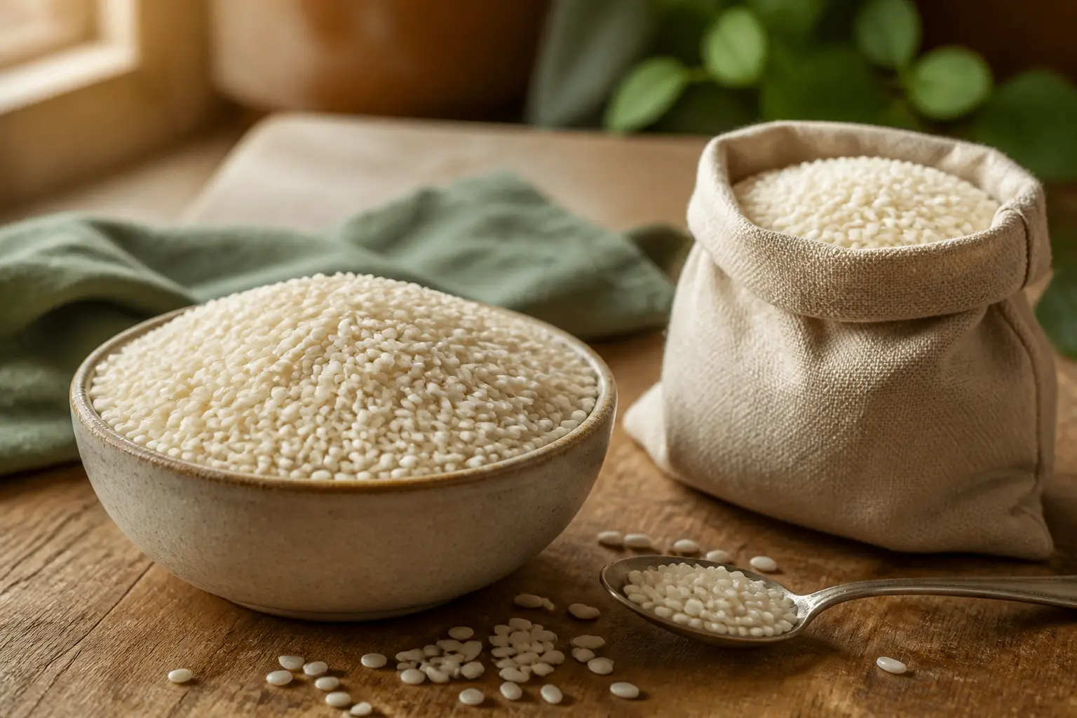 Bol et sac de riz Carnaroli cru sur une table en bois