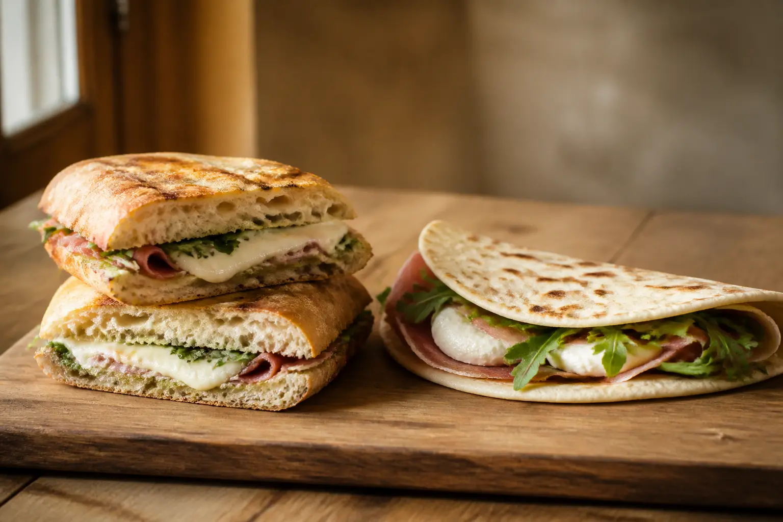 Panino grillé et piadina italienne garnie sur une planche en bois