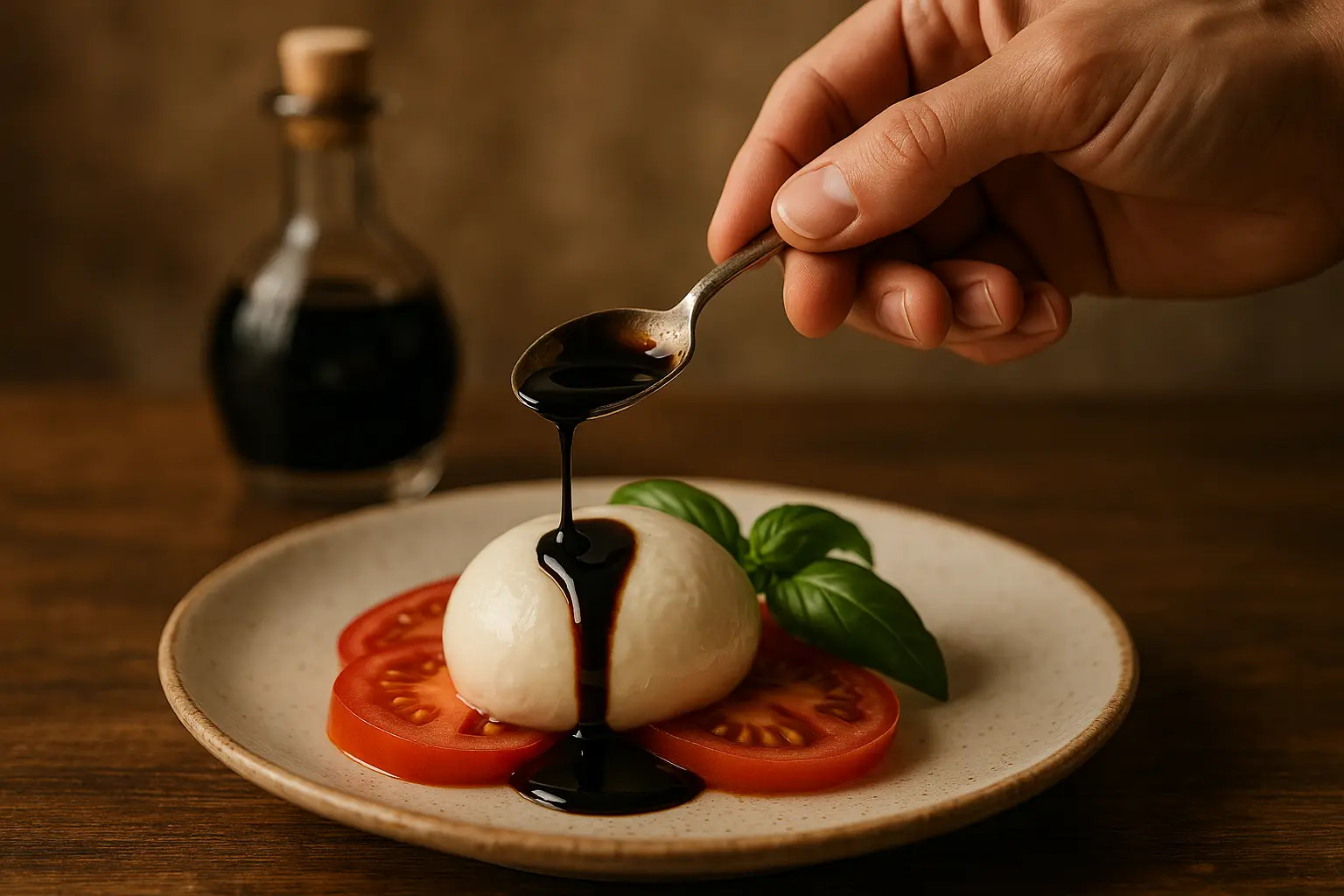 Bouteille d'Aceto Balsamico Tradizionale et barriques en bois