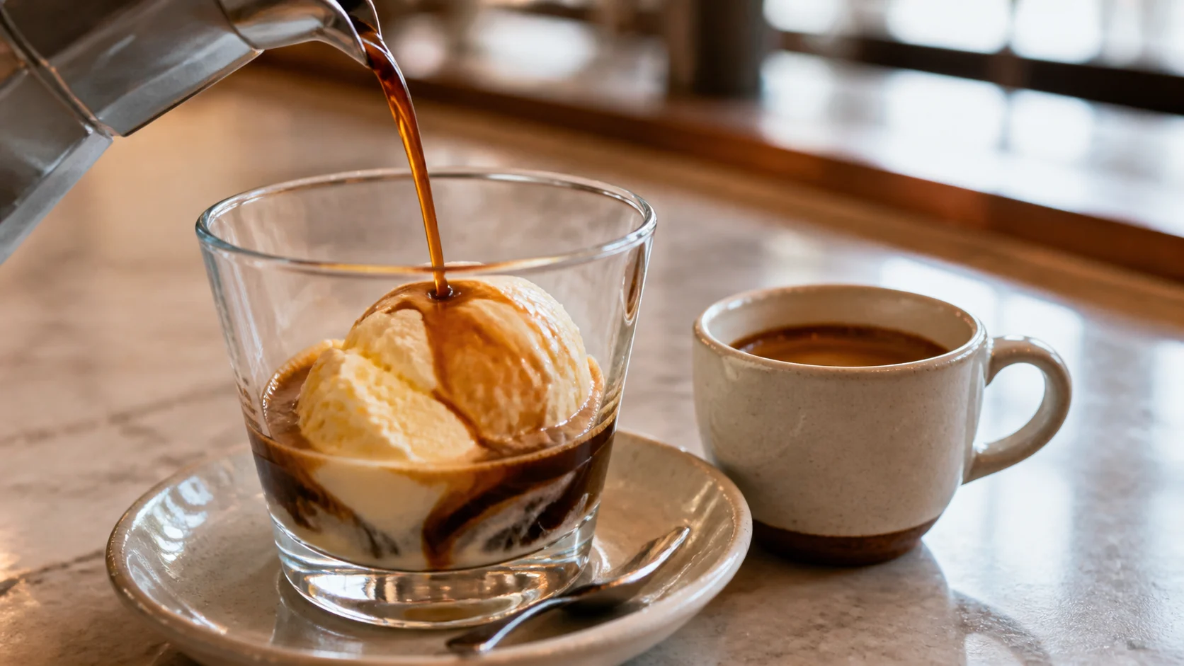 Verre d’affogato avec espresso versé sur une boule de gelato vanille