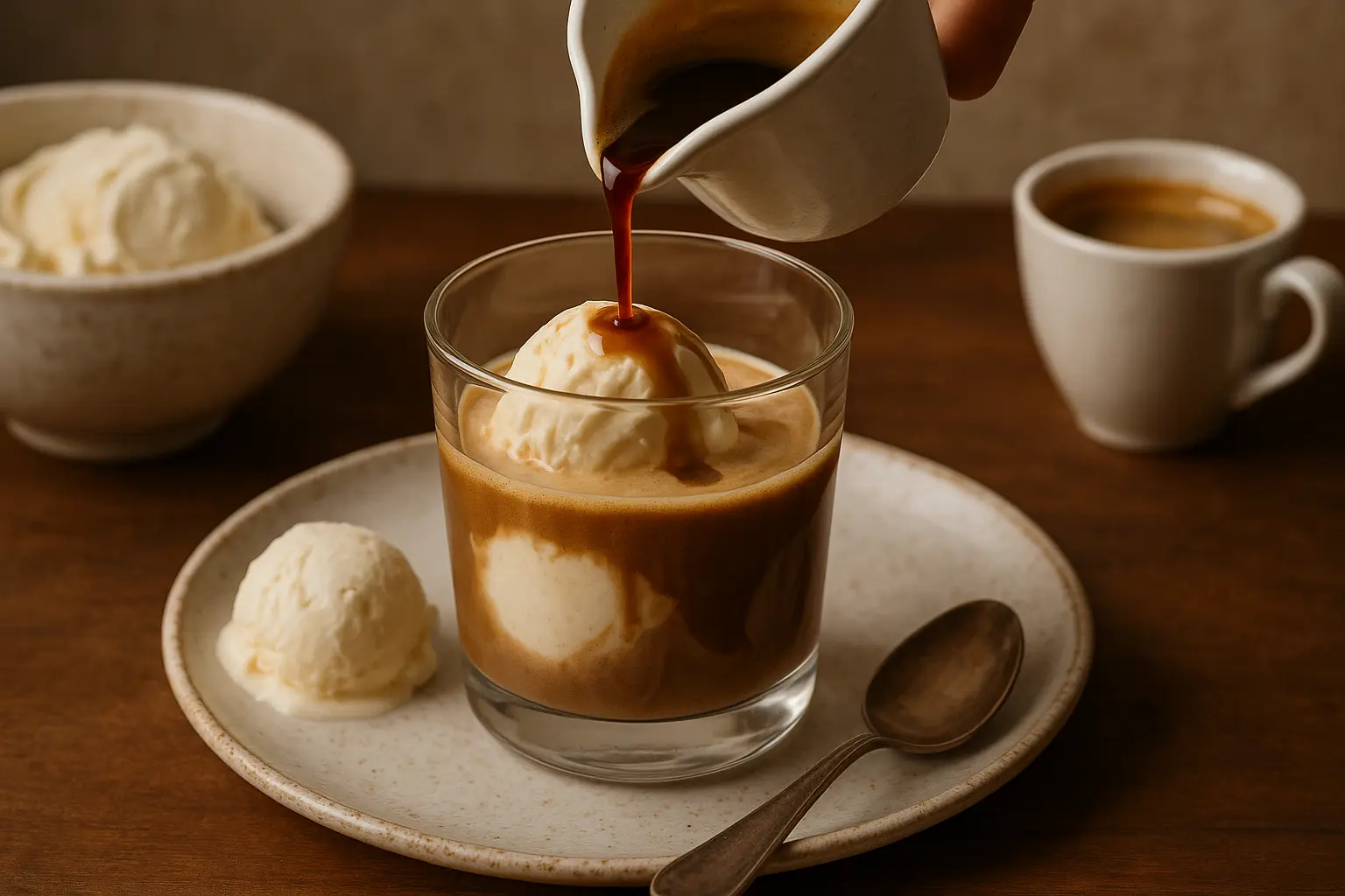 Verre d’affogato avec espresso versé sur une boule de gelato vanille