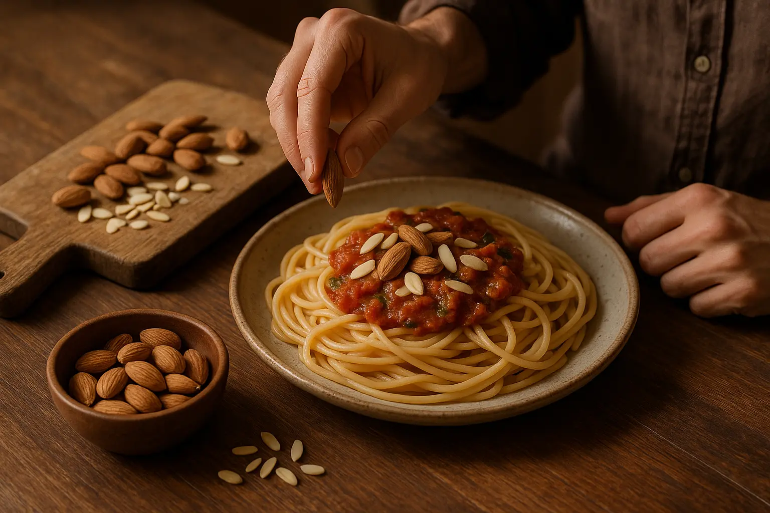 Amandes de Sicile étalées sur une planche en bois