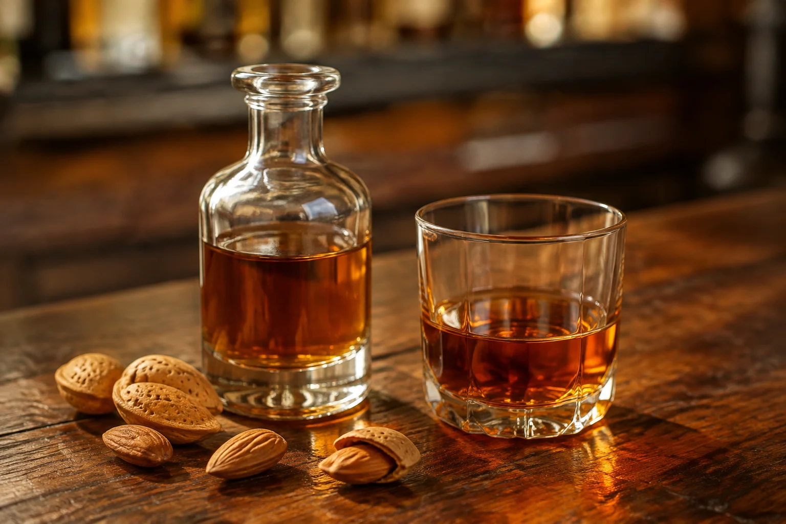 Verre d’Amaretto avec amandes et noyaux d’abricot