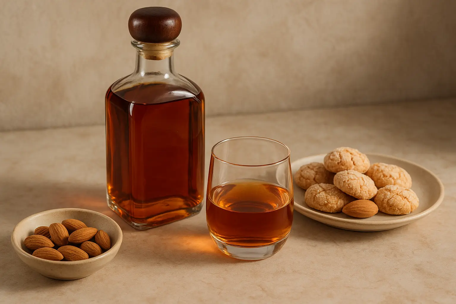 Verre d’Amaretto avec amandes et noyaux d’abricot