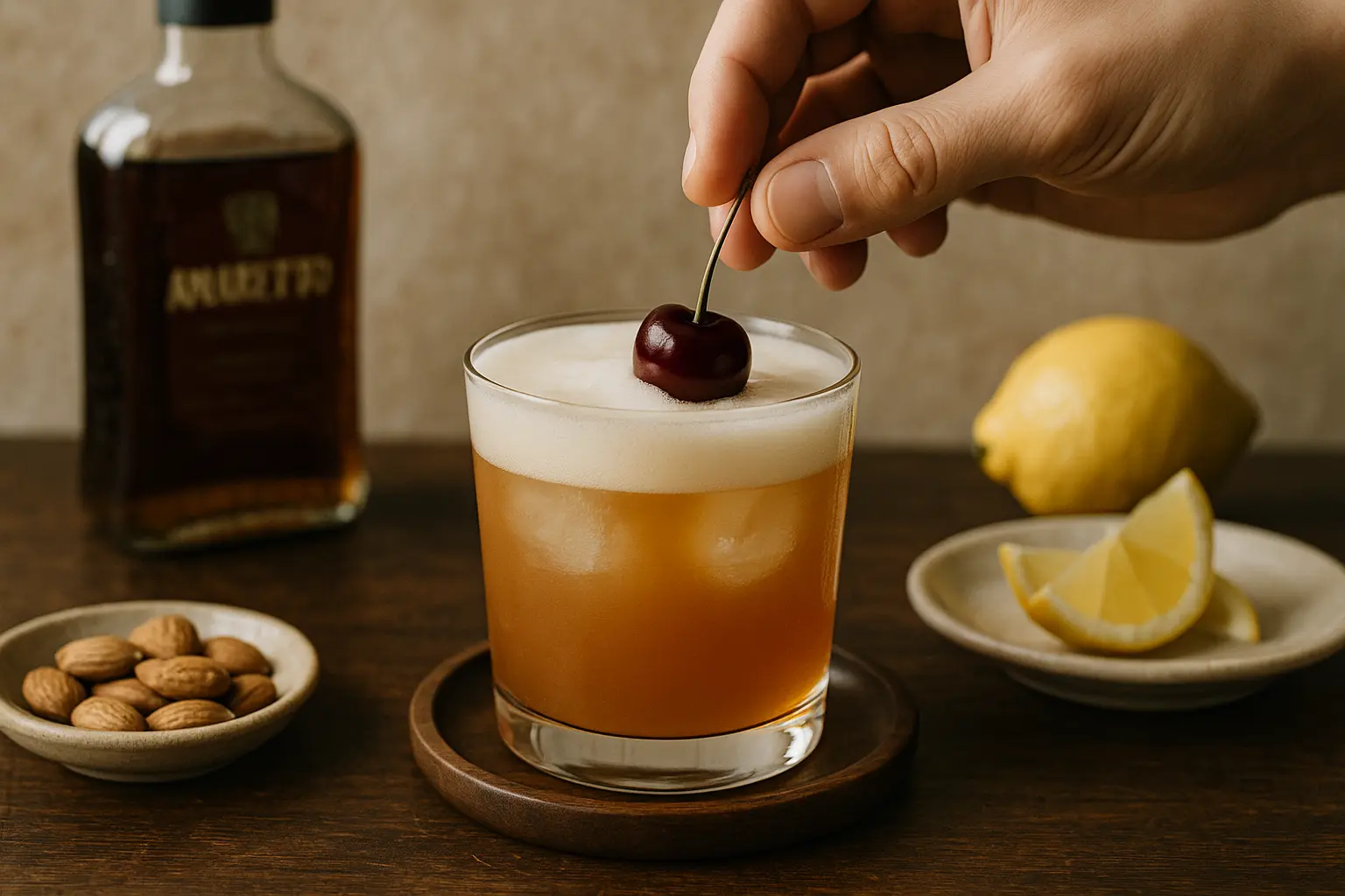 Verre d’Amaretto Sour avec citron en décor