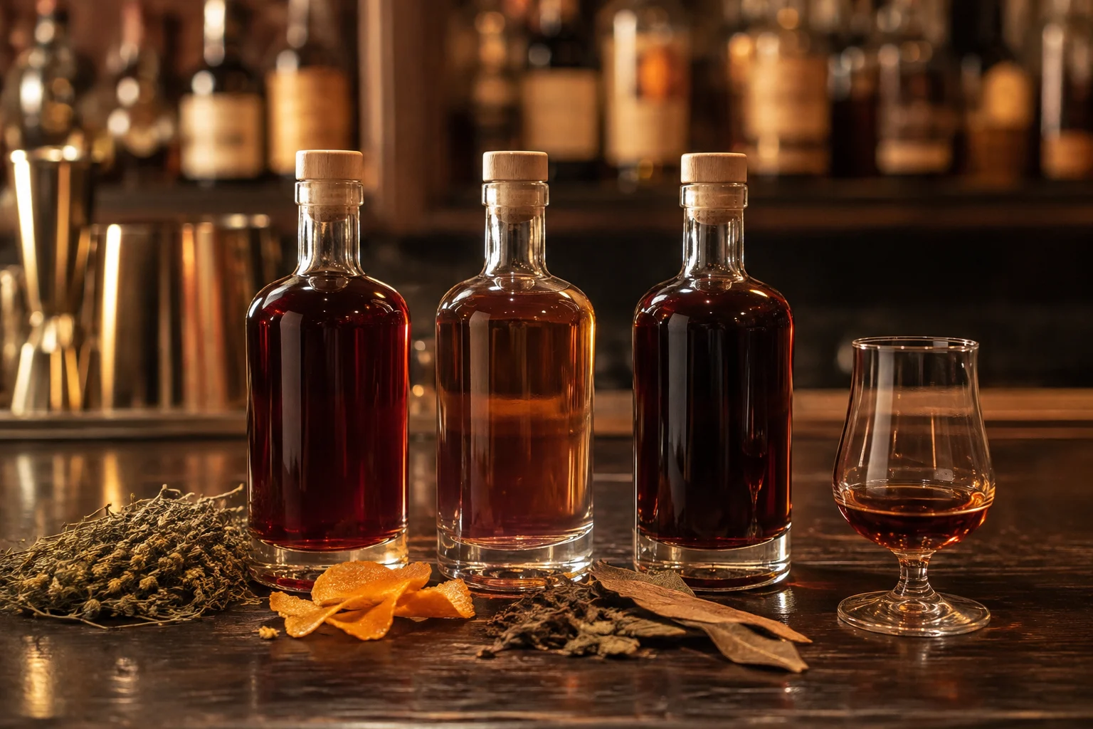 Verre d’Amaro italienne posé sur table en bois, ambiance chaleureuse et authentique
