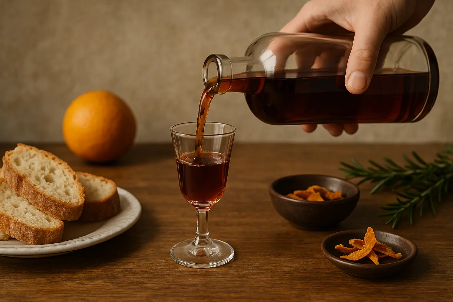Verre d’Amaro italienne posé sur table en bois, ambiance chaleureuse et authentique