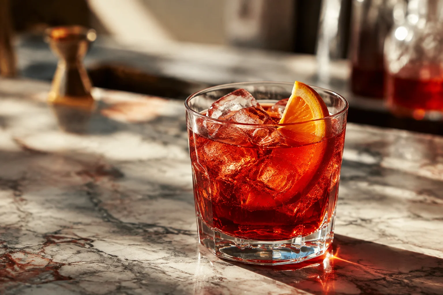 Verre d’Americano avec glace, tranche d’orange et zeste de citron