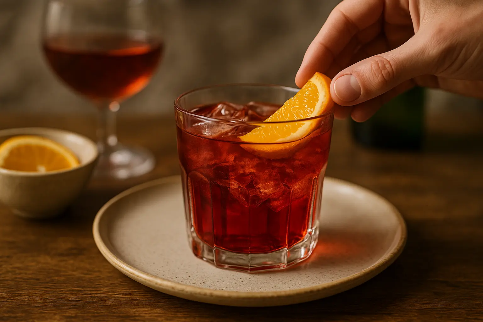 Verre d’Americano avec glace, tranche d’orange et zeste de citron