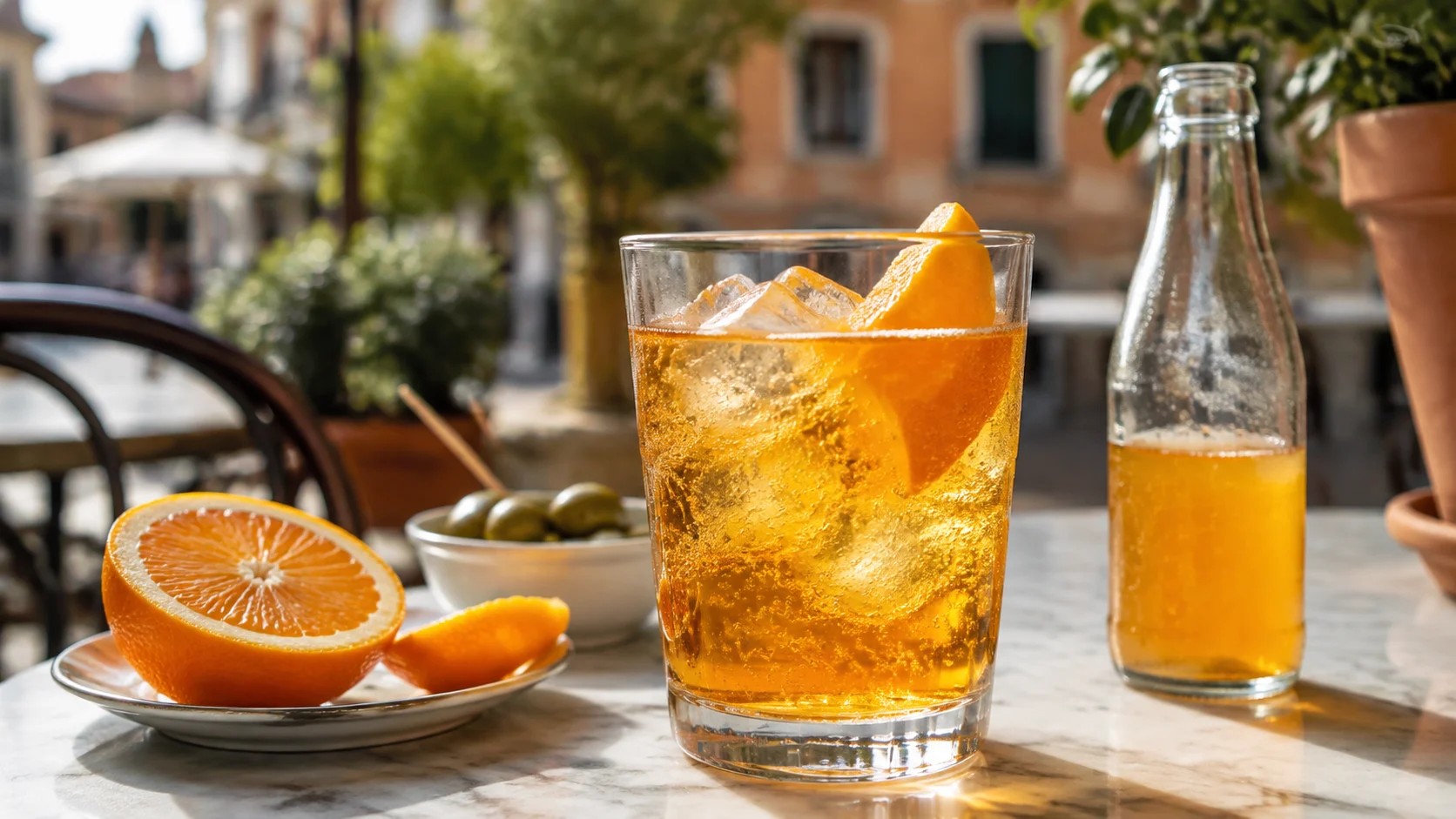 Gouttes de condensation sur une bouteille d’Aranciata Amara italienne