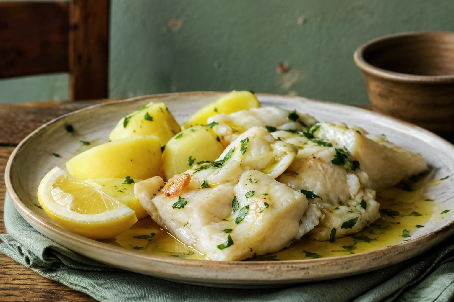 Morue salée, baccalà, dans une assiette italienne traditionnelle