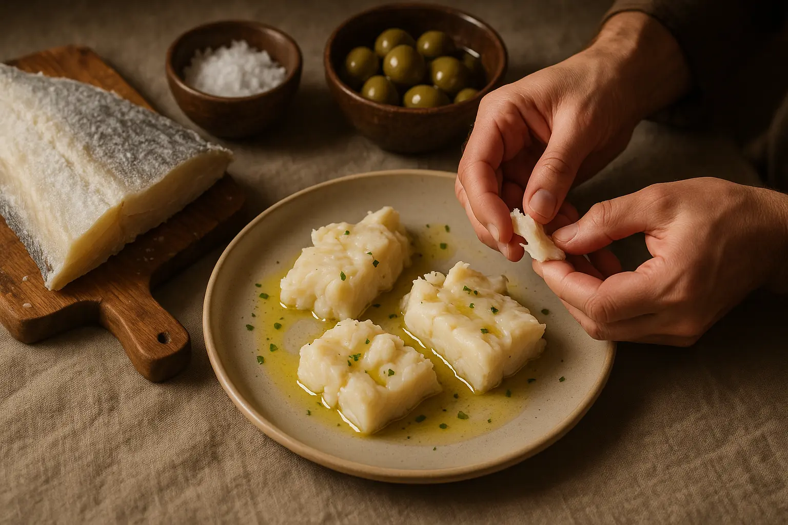 Morue salée, baccalà, dans une assiette italienne traditionnelle