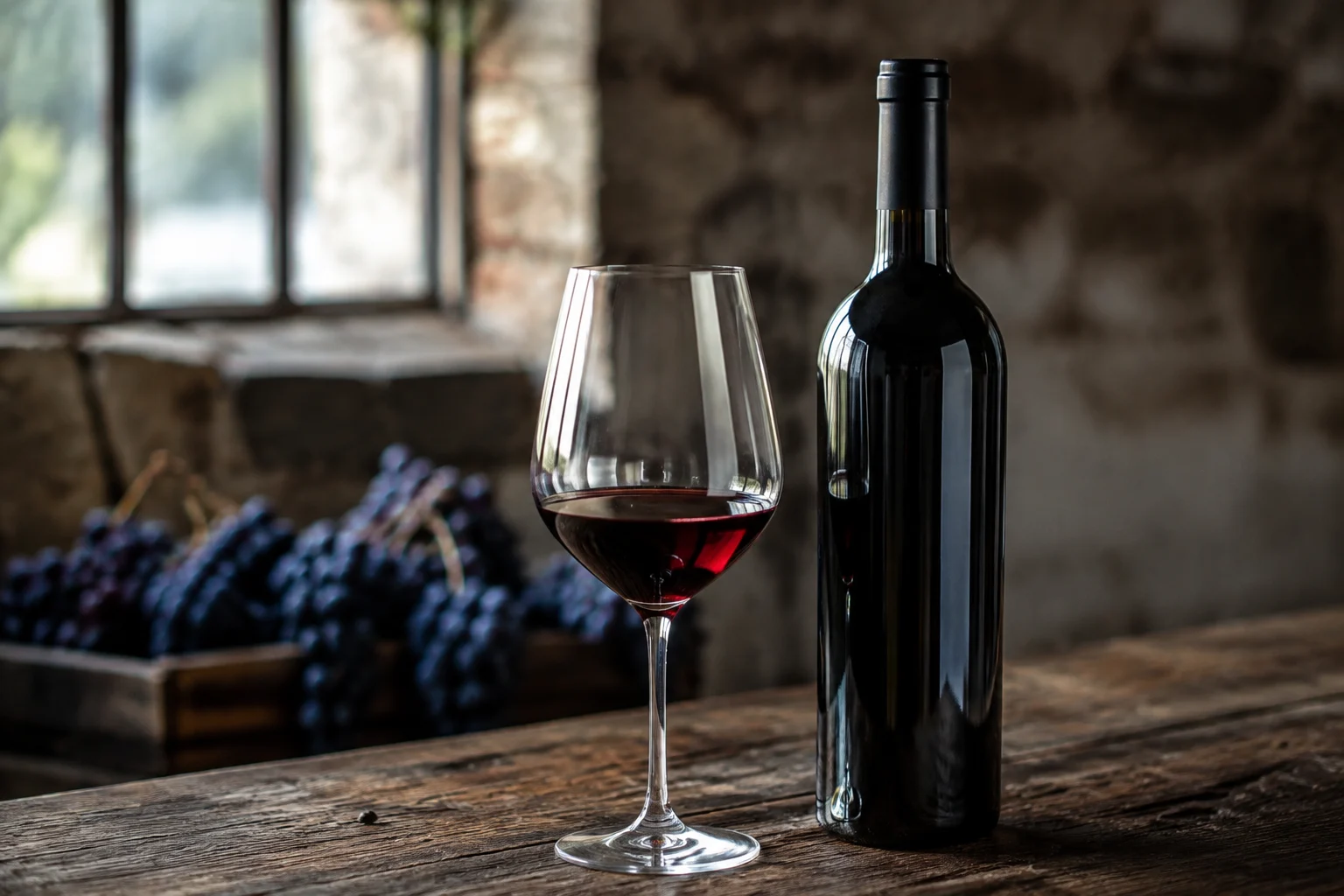 Bouteille de Barbaresco DOCG posée sur une table en bois dans un vignoble piémontais