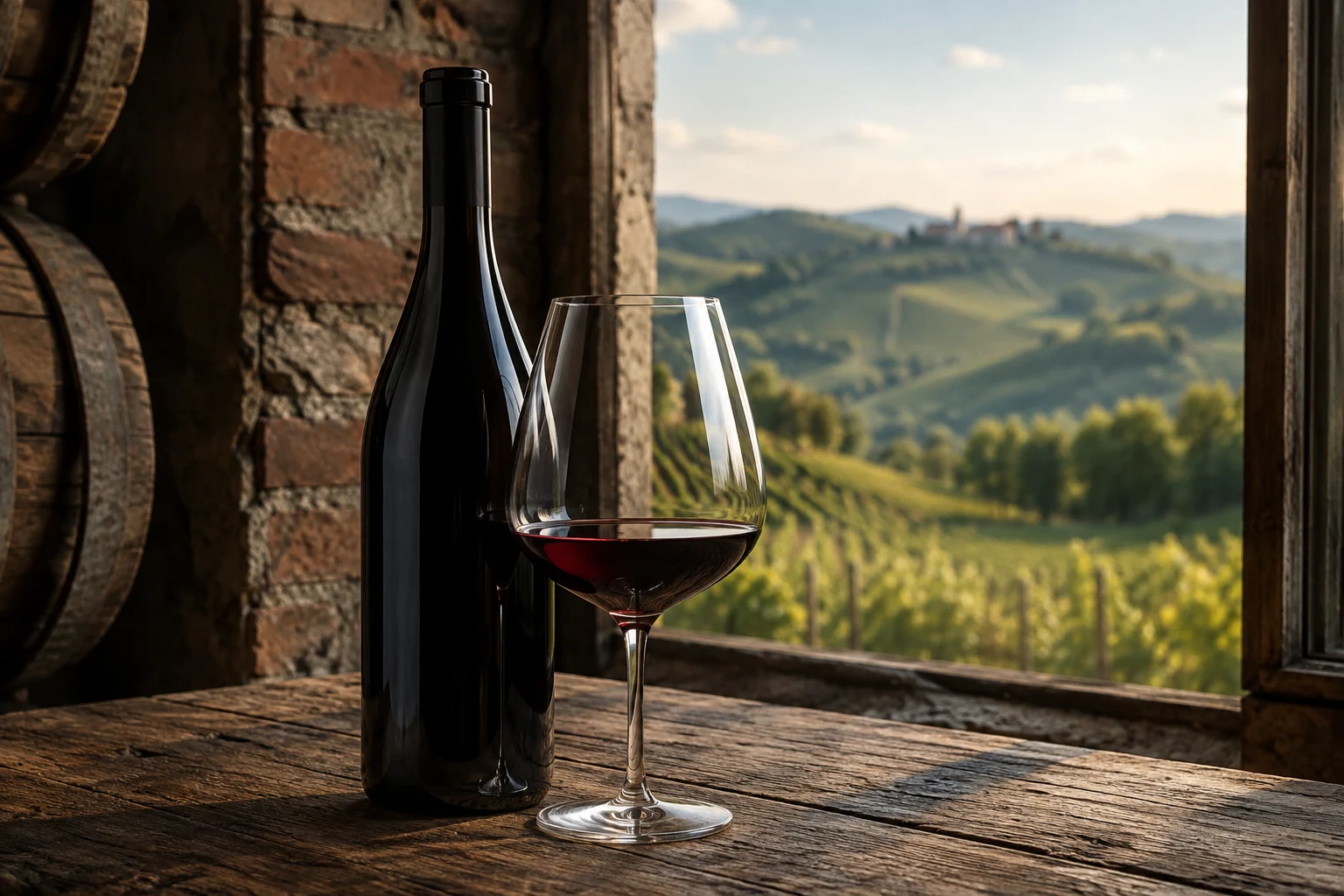 Verre de Barolo rouge avec paysage des Langhe en arrière-plan