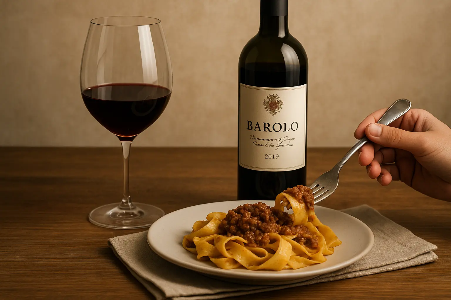 Verre de Barolo rouge avec paysage des Langhe en arrière-plan