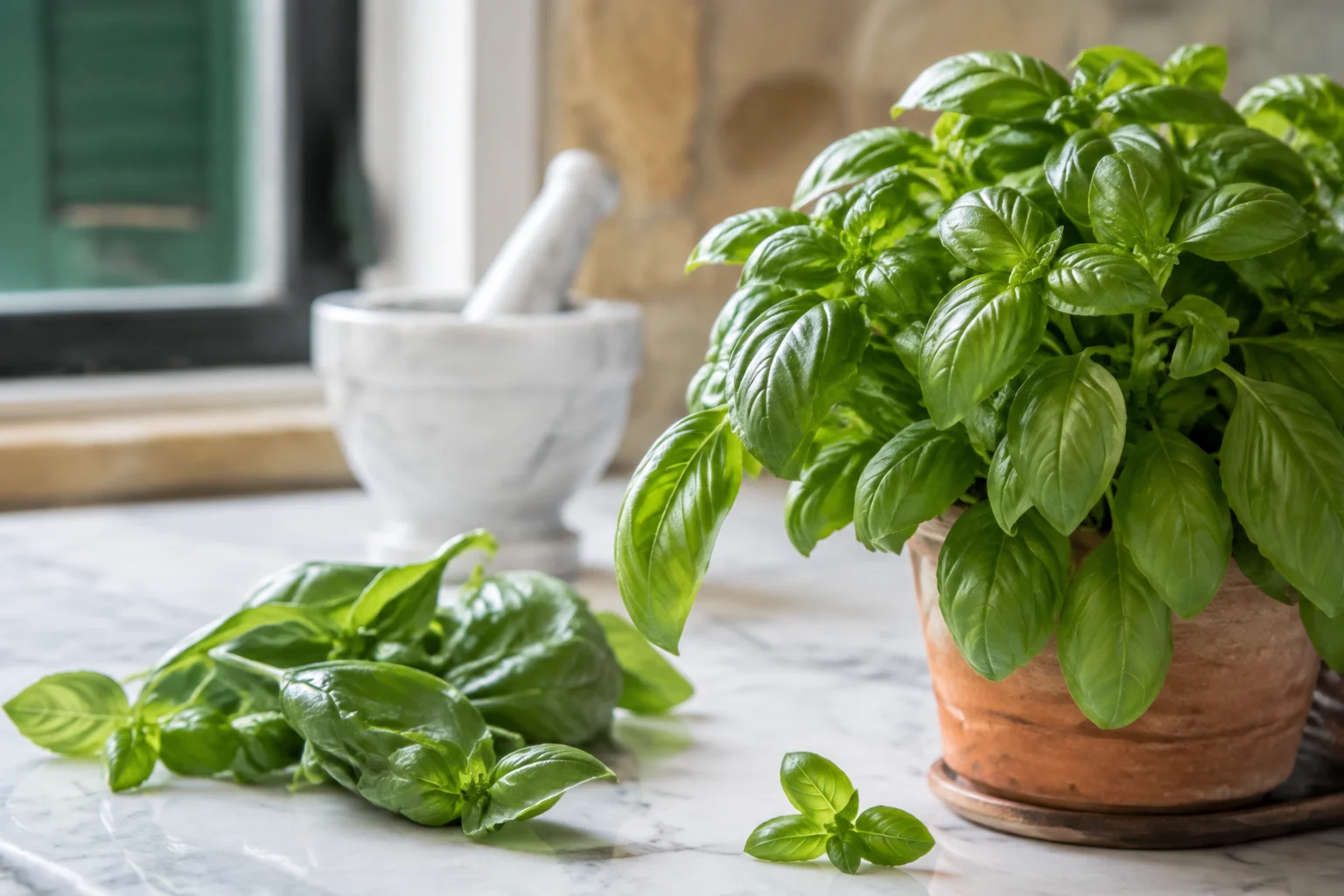 Feuilles vertes de basilic Genovese fraîches