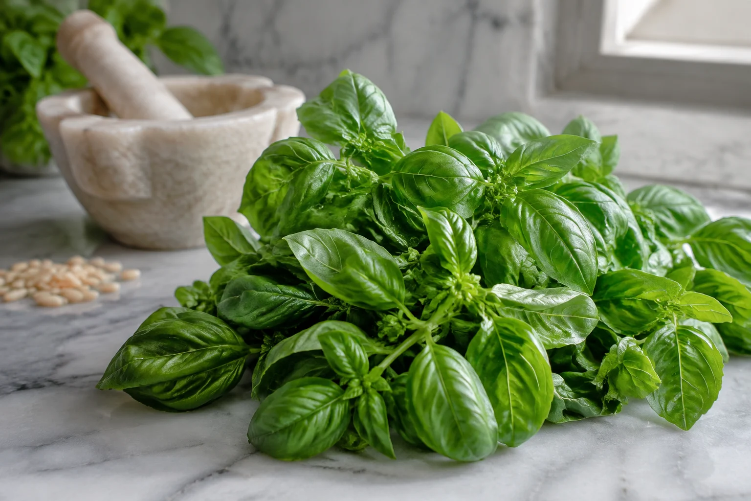 Feuilles de basilic Genovese fraîches dans la lumière