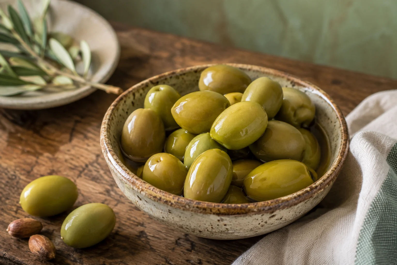 Gros plan sur une olive Bella di Cerignola verte brillante