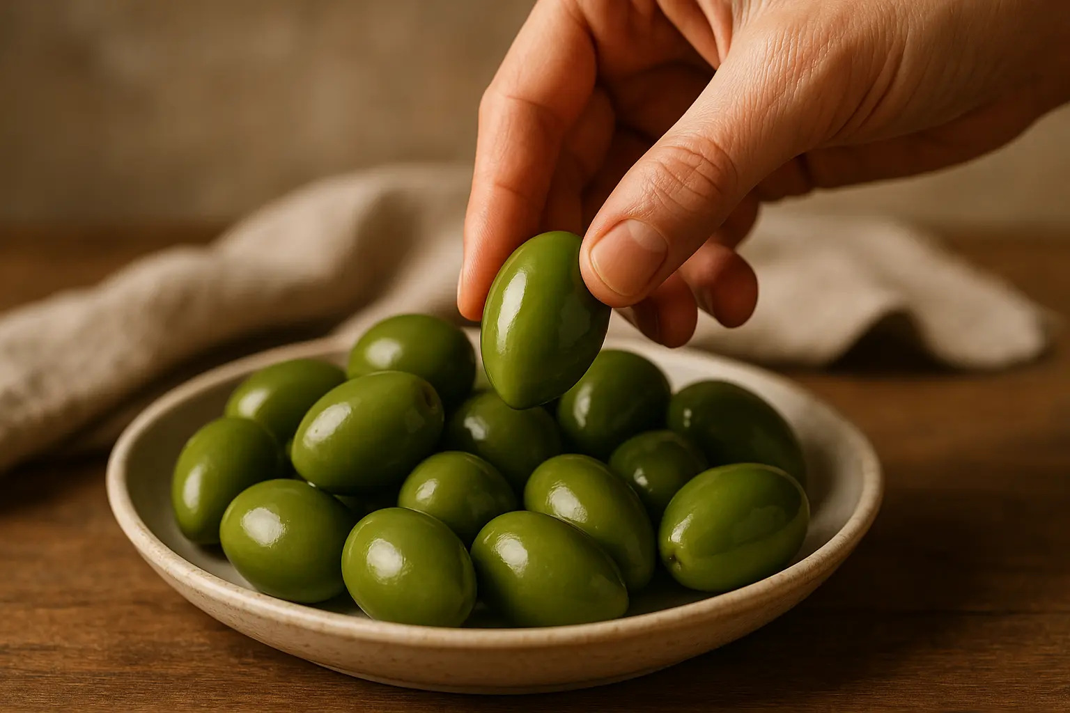 Gros plan sur une olive Bella di Cerignola verte brillante