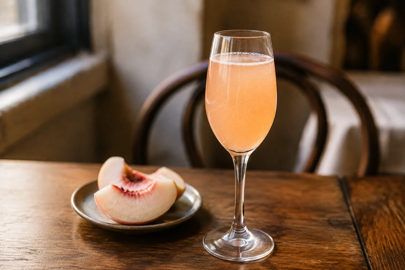 Verre de Bellini sur fond de Venise, avec pêche blanche et bulles de Prosecco