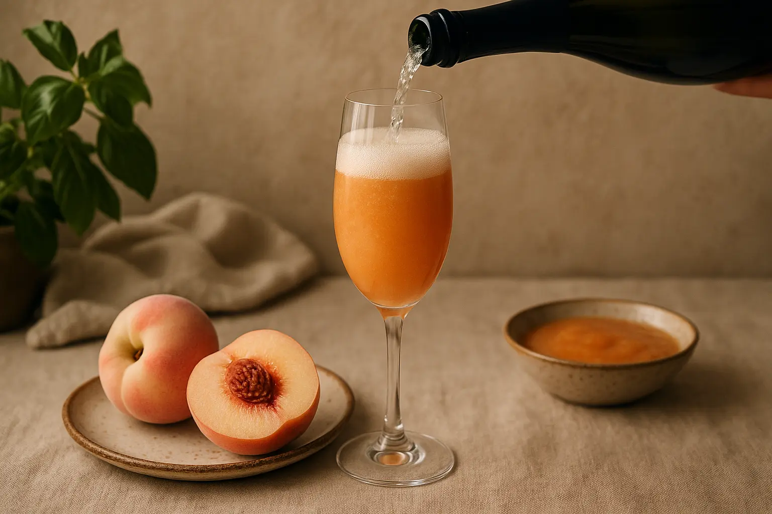 Verre de Bellini sur fond de Venise, avec pêche blanche et bulles de Prosecco