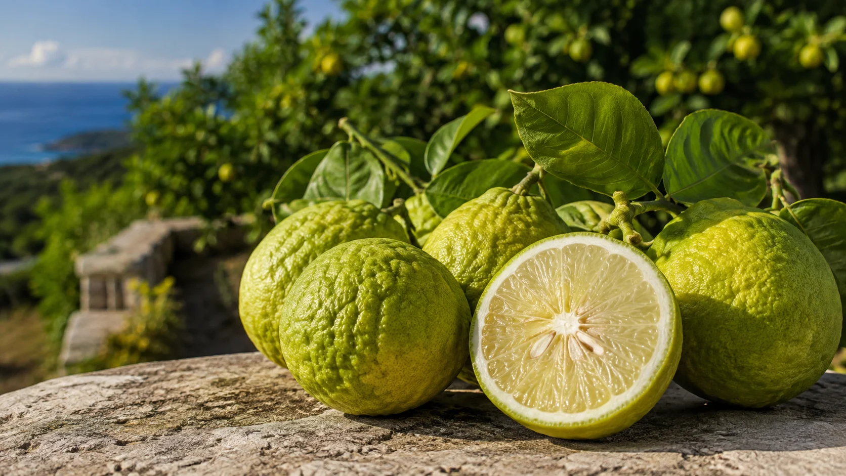 Bergamote fraîche de Calabre posée sur un fond en bois