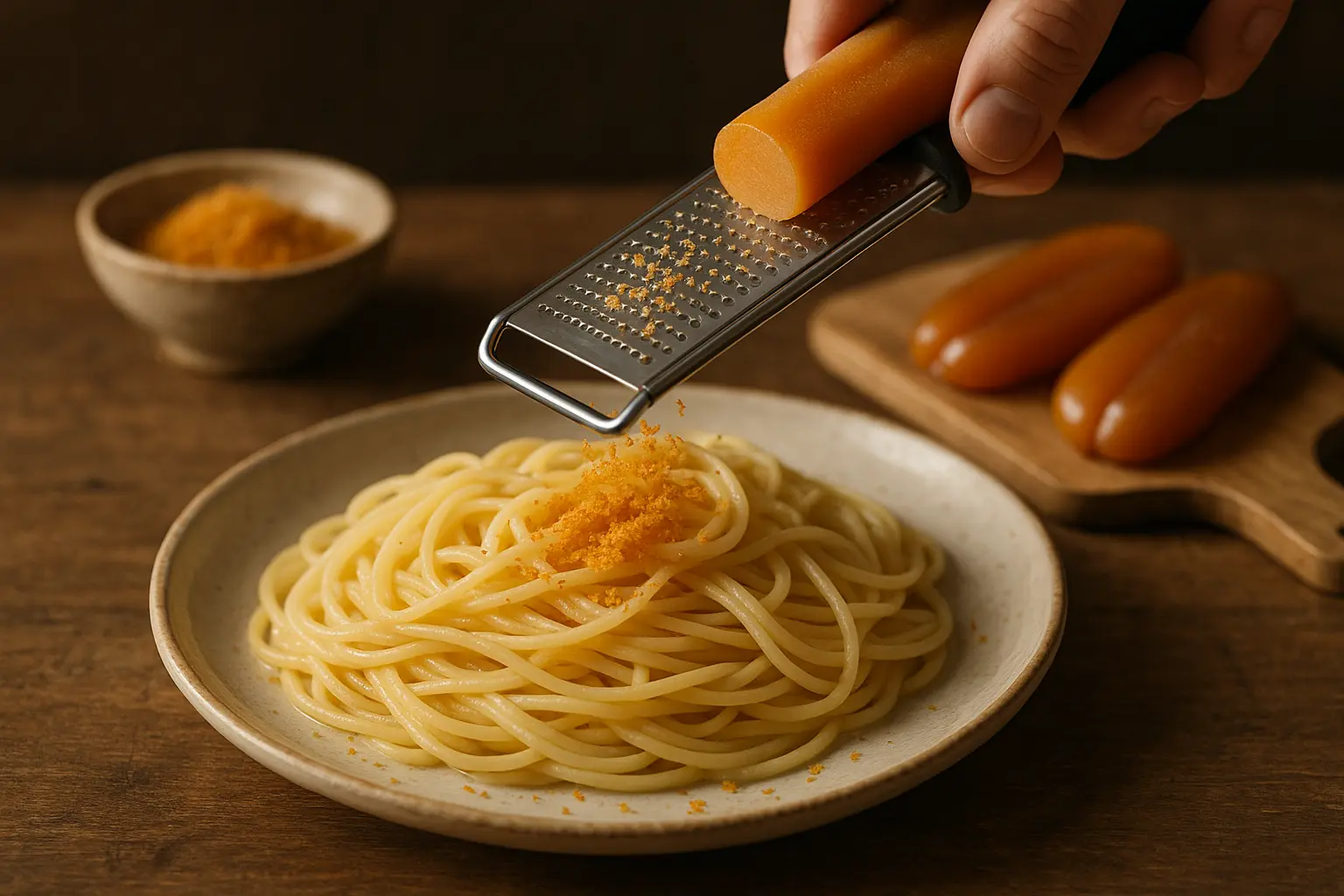 Tranches fines de bottarga sur planche en bois
