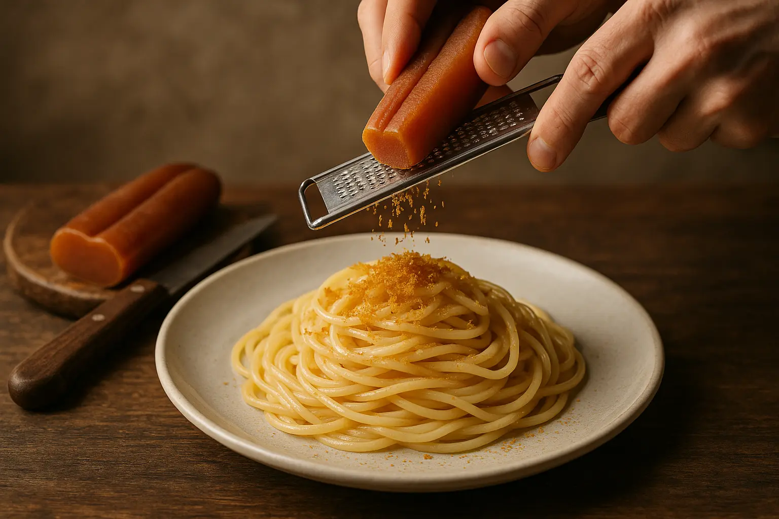 Planche de bottarga italienne tranchée et râpée, reflet de la tradition méditerranéenne