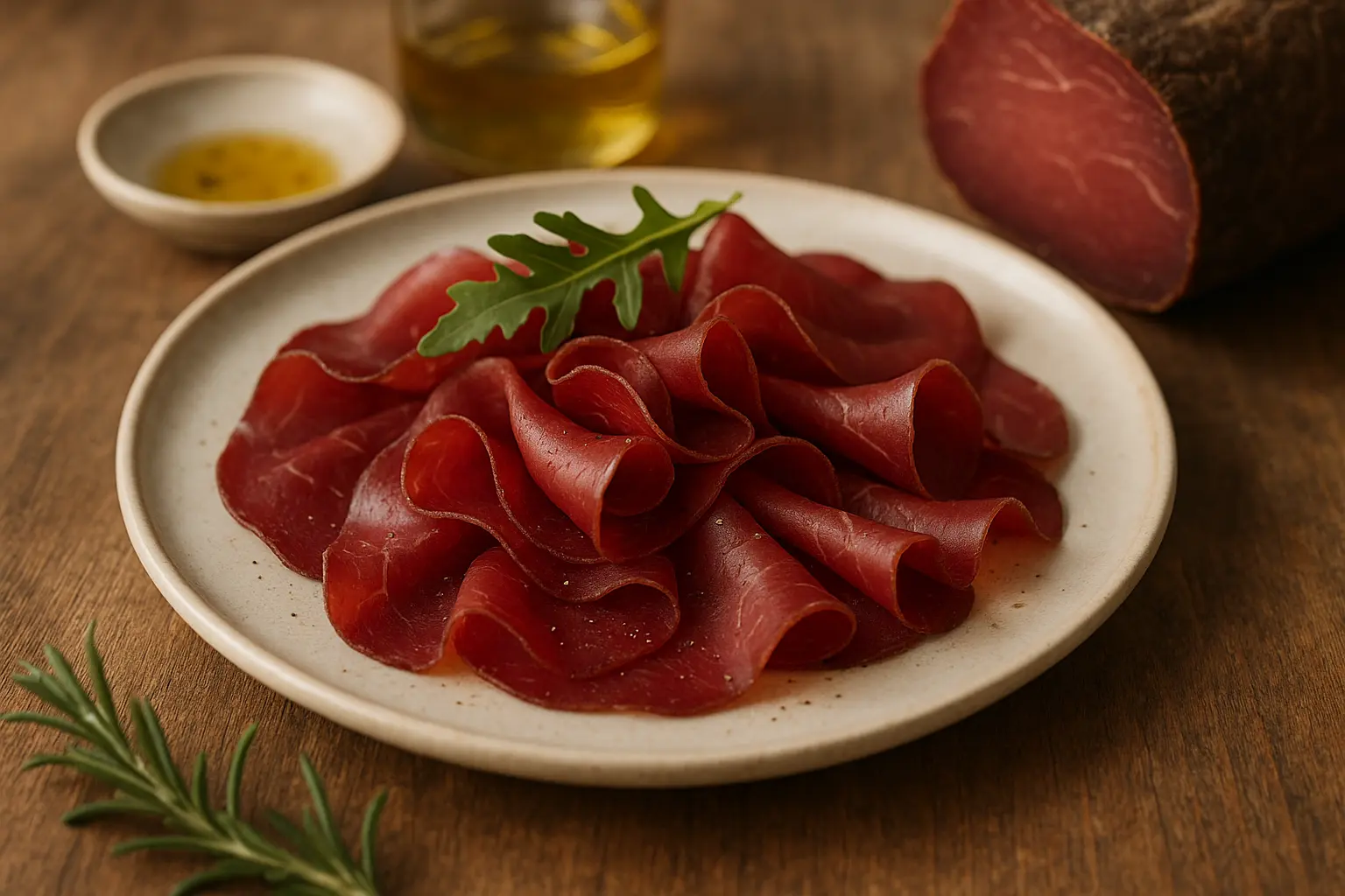 Fines tranches de bresaola italienne avec roquette et copeaux de parmesan