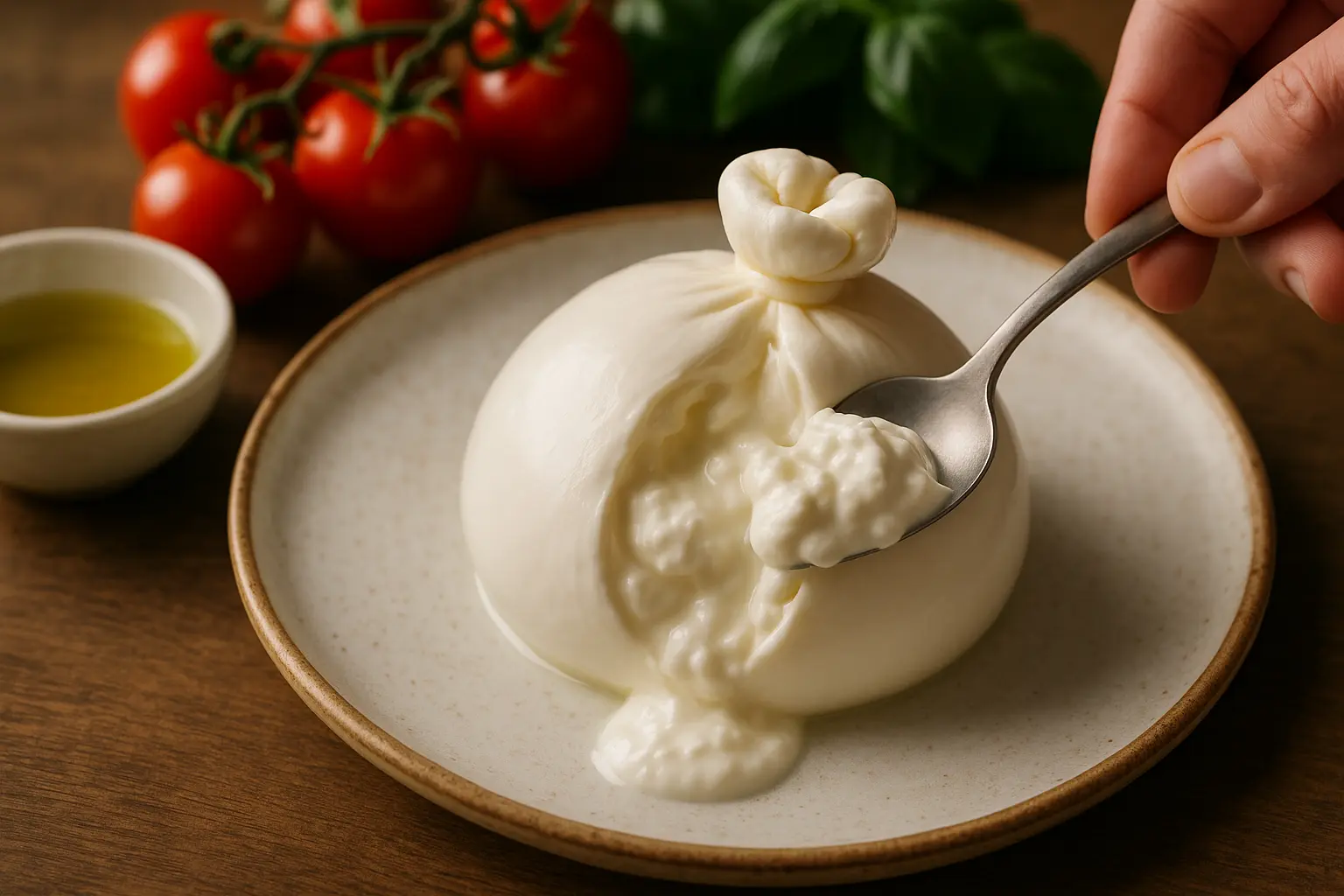 Burrata italienne servie avec tomates et basilic