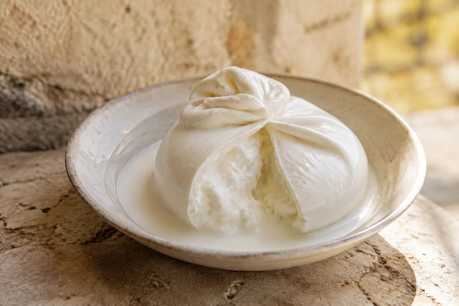 Burrata fraîche coupée montrant son cœur onctueux