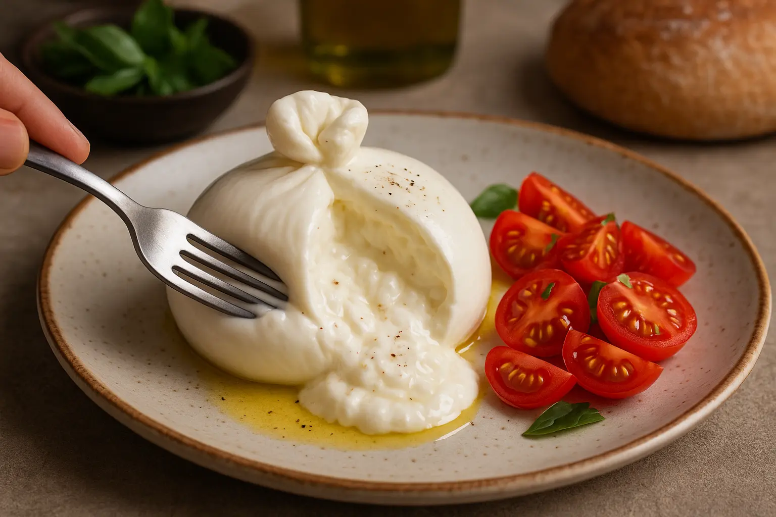 Burrata fraîche coupée montrant son cœur onctueux