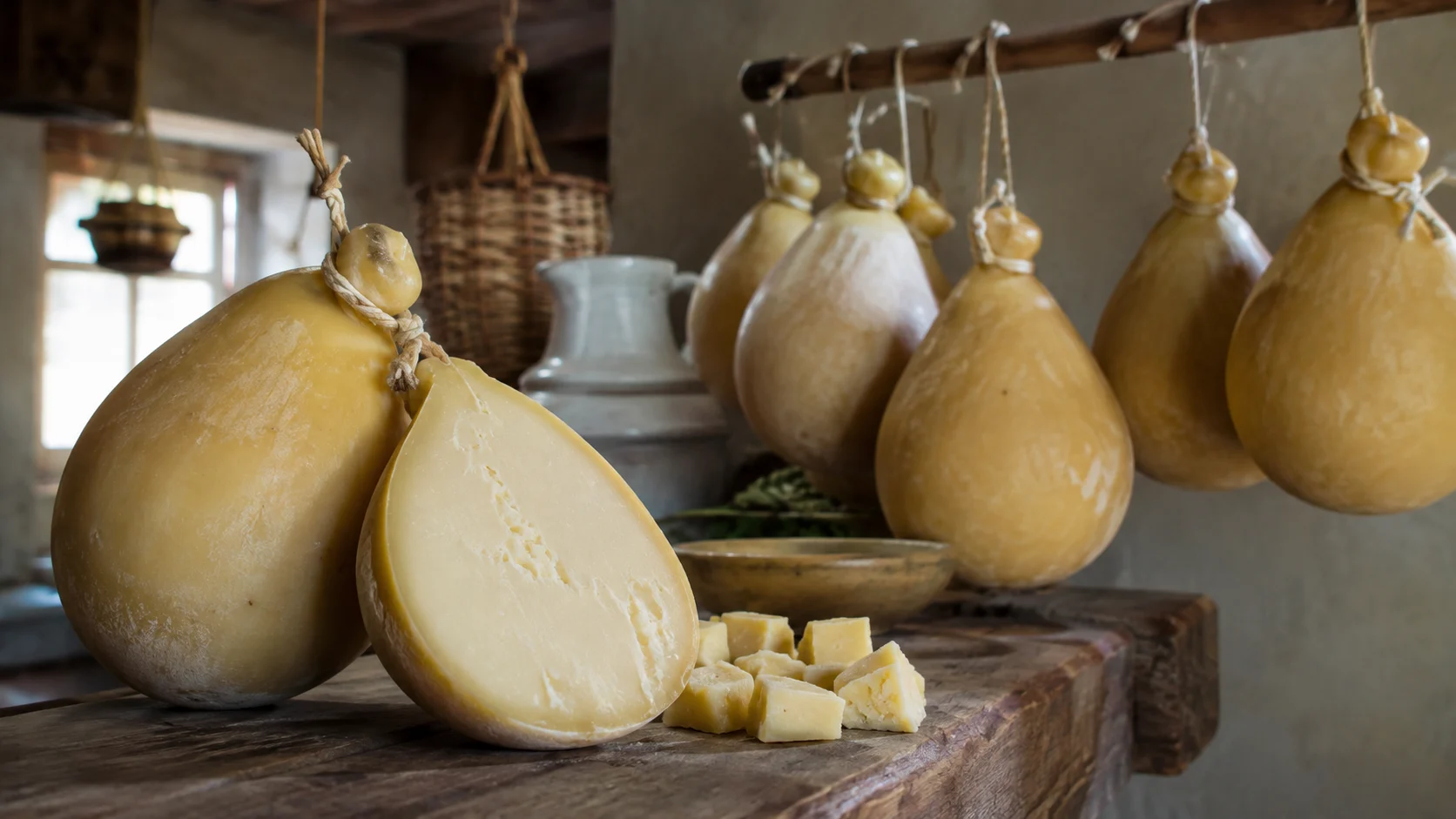 Fromage caciocavallo suspendu en forme de poire