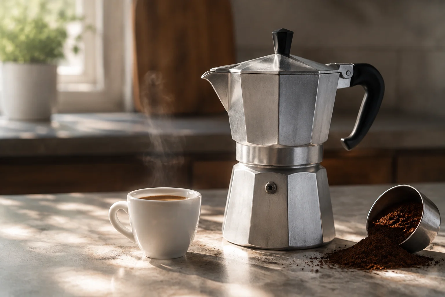Cafetière Moka traditionnelle en aluminium, symbole du café italien