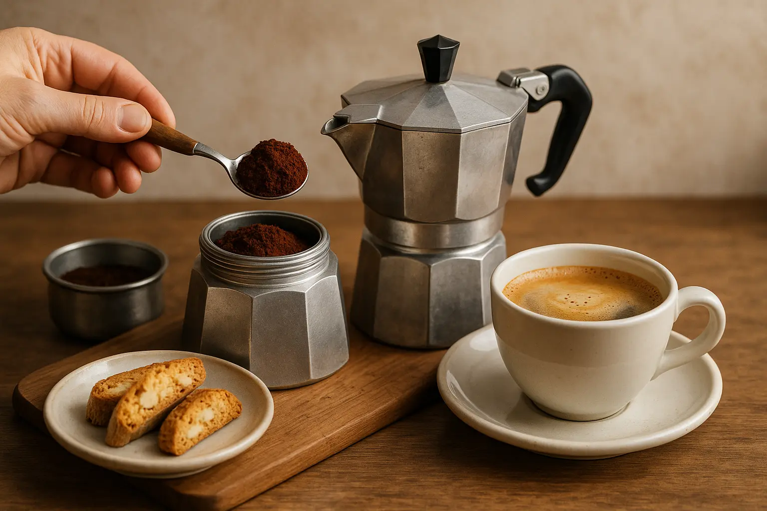 Cafetière Moka traditionnelle en aluminium, symbole du café italien