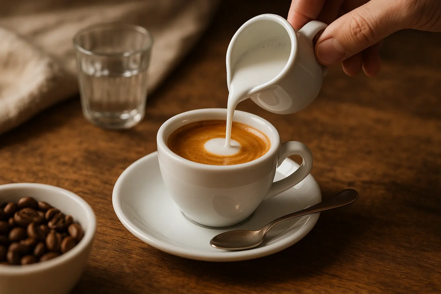 Tasse de caffè macchiato avec mousse de lait légèrement versée sur un espresso