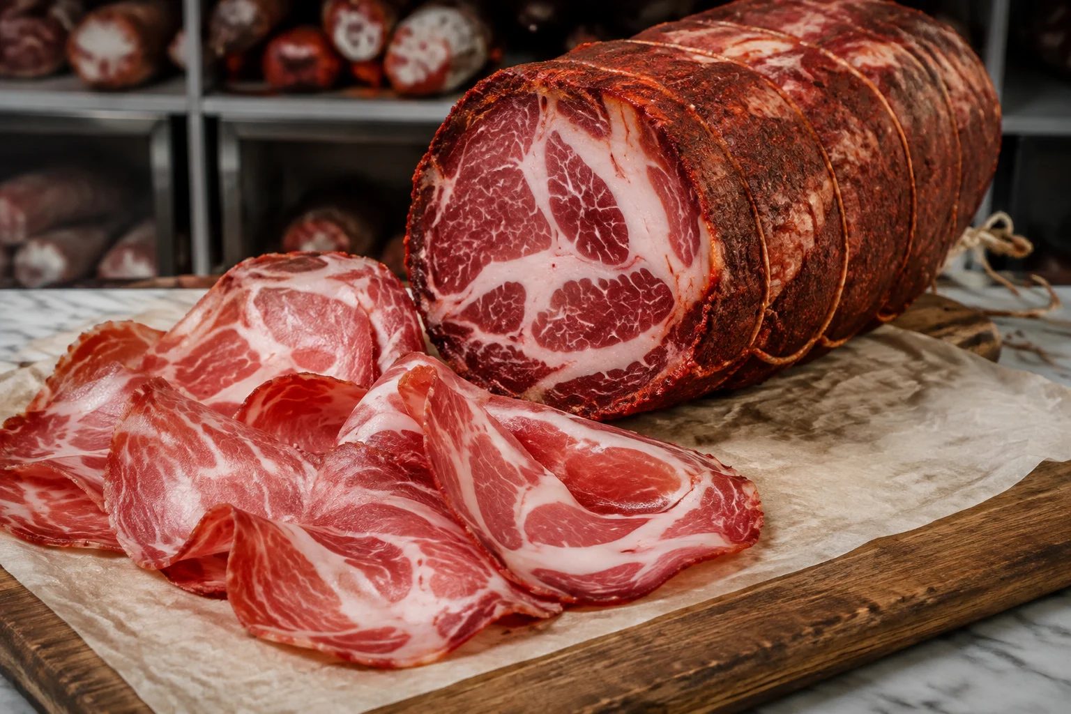 Tranches fines de capocollo sur planche en bois