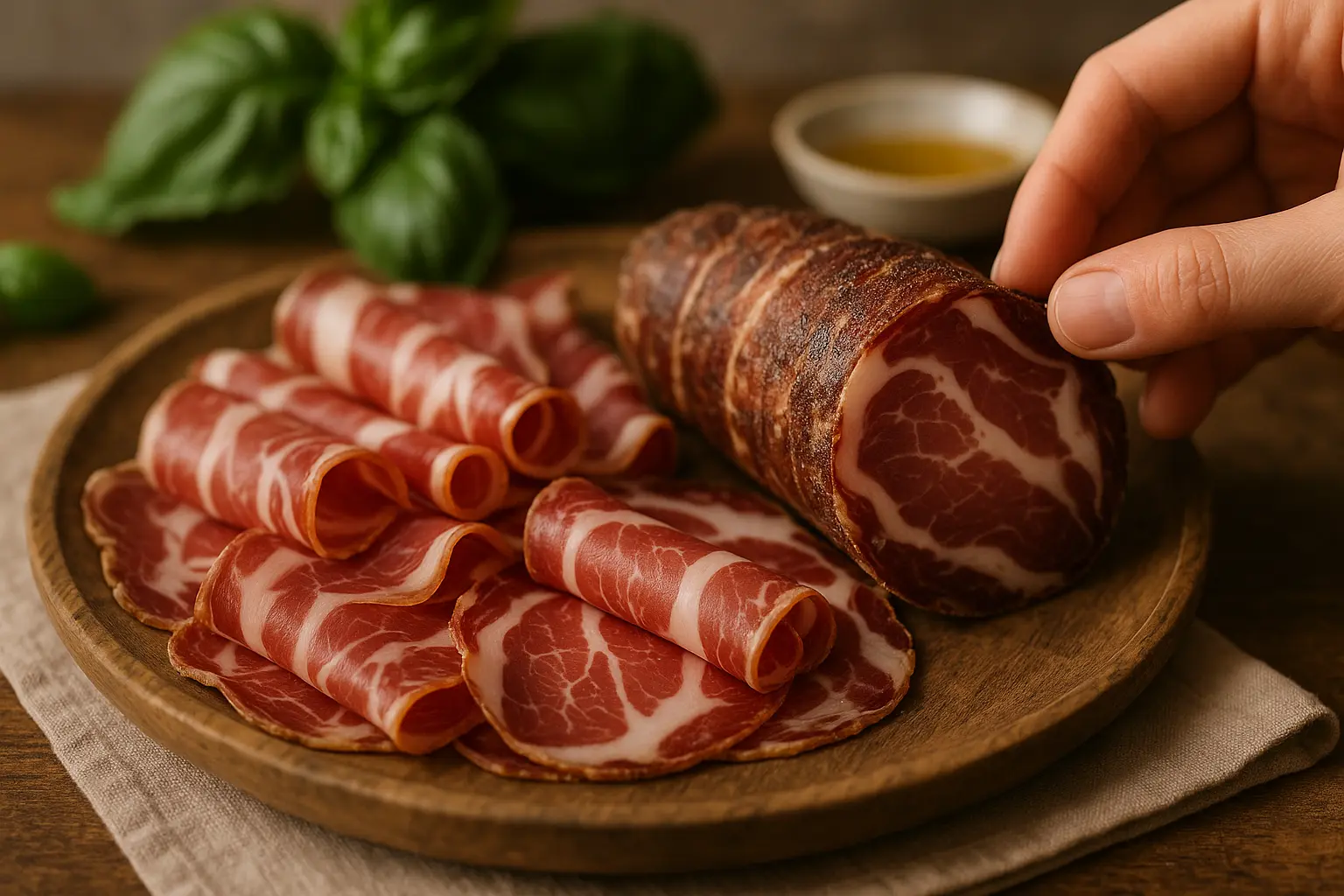 Tranches fines de capocollo sur planche en bois