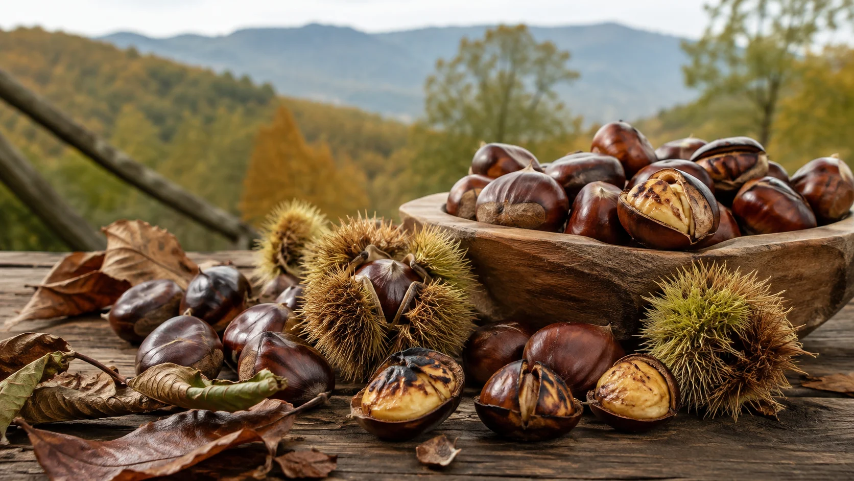 Marrons du Mugello dans leurs bogues, illustration d’un produit toscan traditionnel