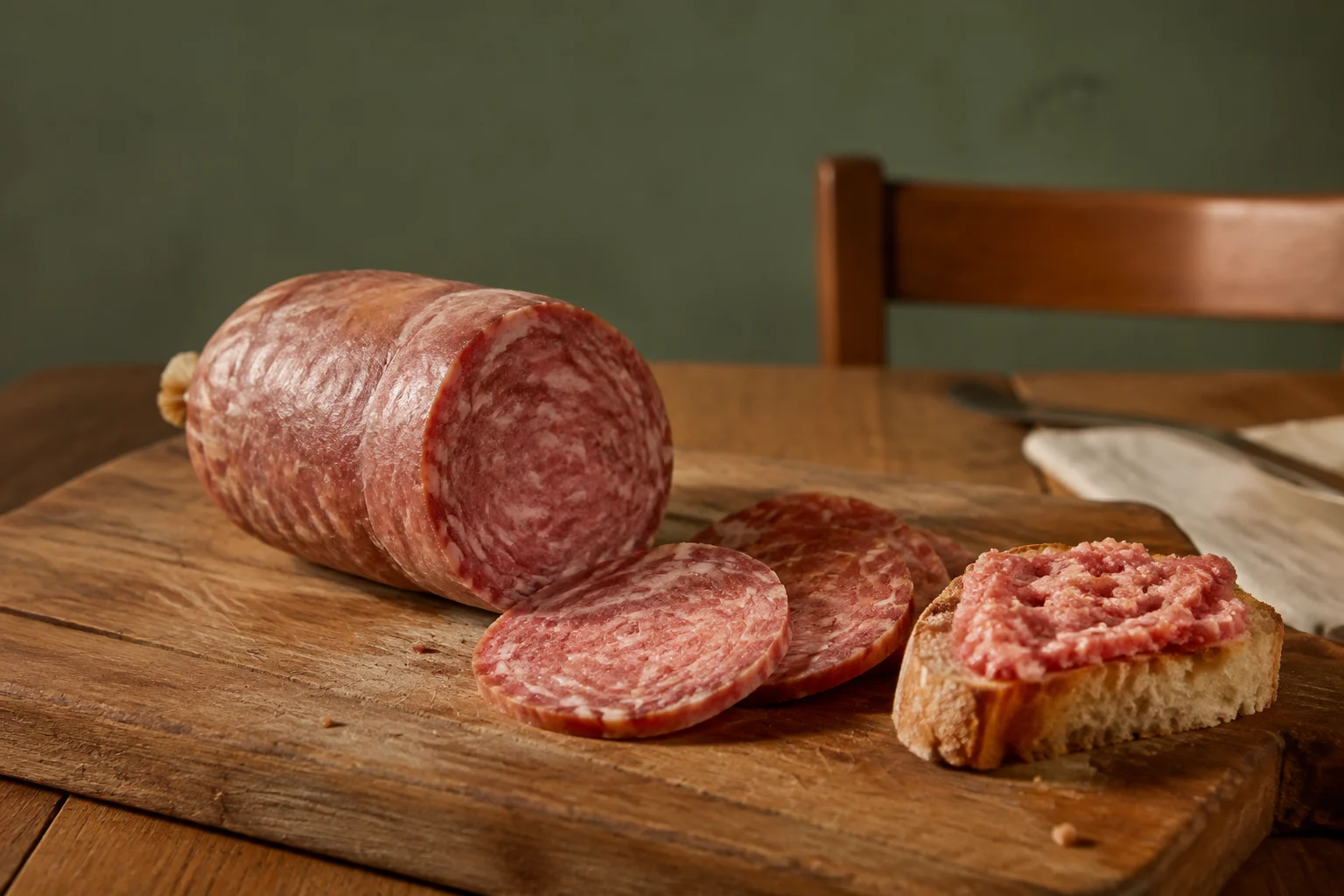 Planche avec tranches de ciauscolo et pain rustique