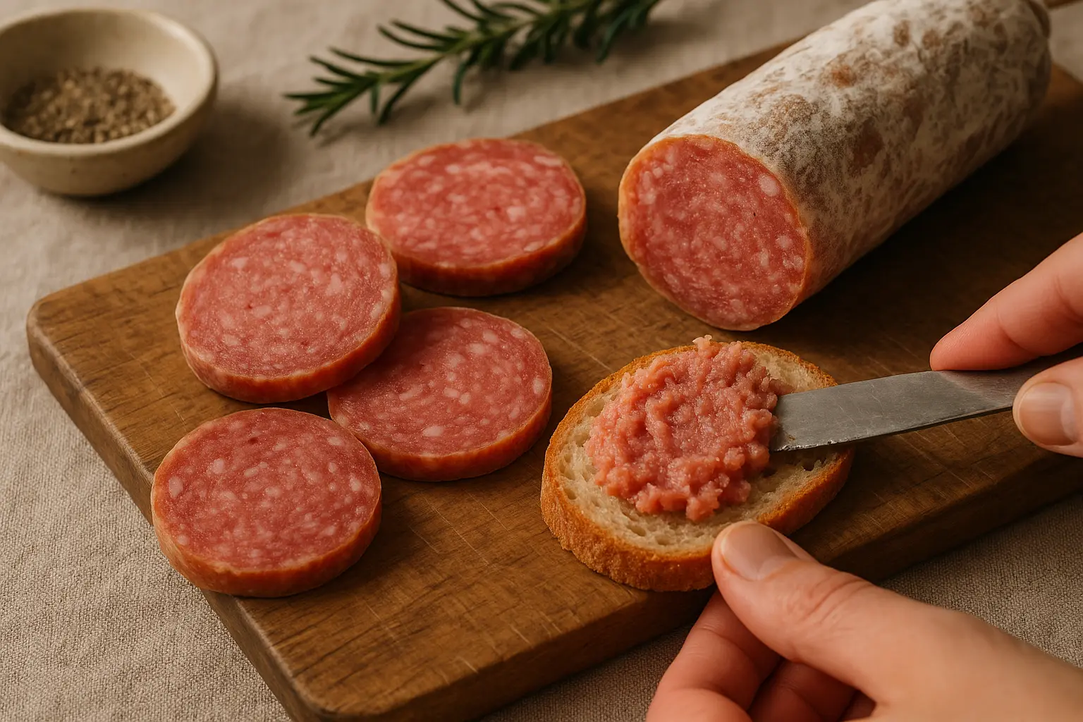Planche avec tranches de ciauscolo et pain rustique